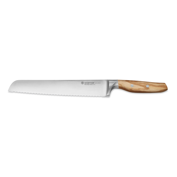 Amici 9" Stainless Steel Double Serrated Bread Knife with Olive Wood Handle