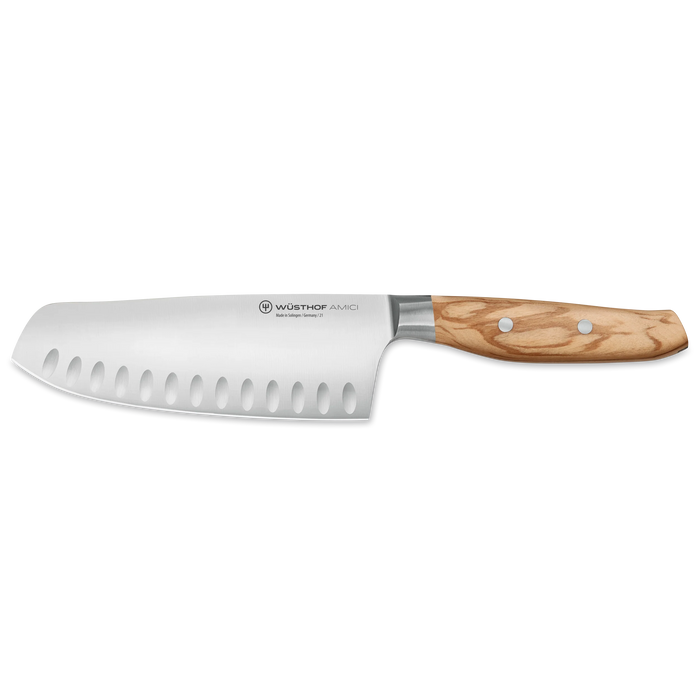 Amici 7" Stainless Steel Hollow Edge Santoku with Olive Wood Handle