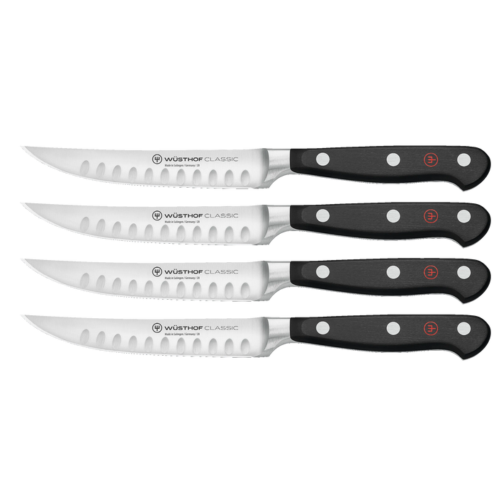 Classic Four Piece Stainless Steel Hollow Edge Steak Knife Set, Black