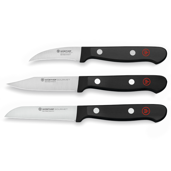 Gourmet Three Piece Stainless Steel Paring Knife Set with Black Handles