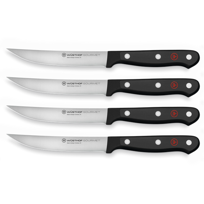 Gourmet Four Piece Stainless Steel Steak Knife Set with Black Handles