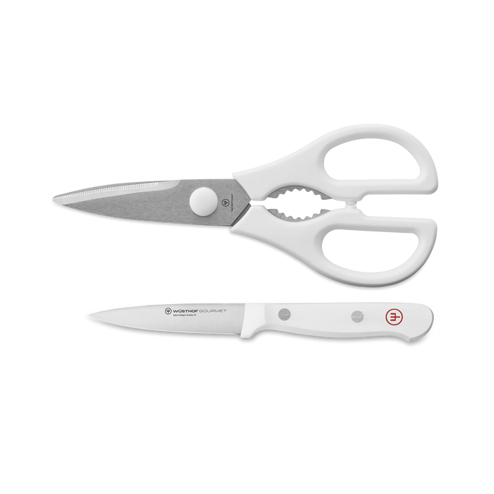 Gourmet White Two Piece Paring Knife & Shear Set with White Handles