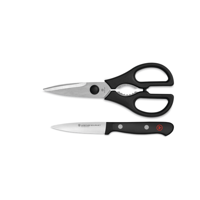 Gourmet Two Piece Paring Knife and Shear Utility Set with Black Handles