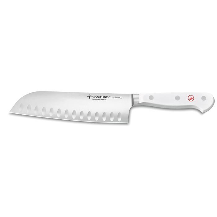 Classic White Two Piece Stainless Steel Santoku Set with White Handles