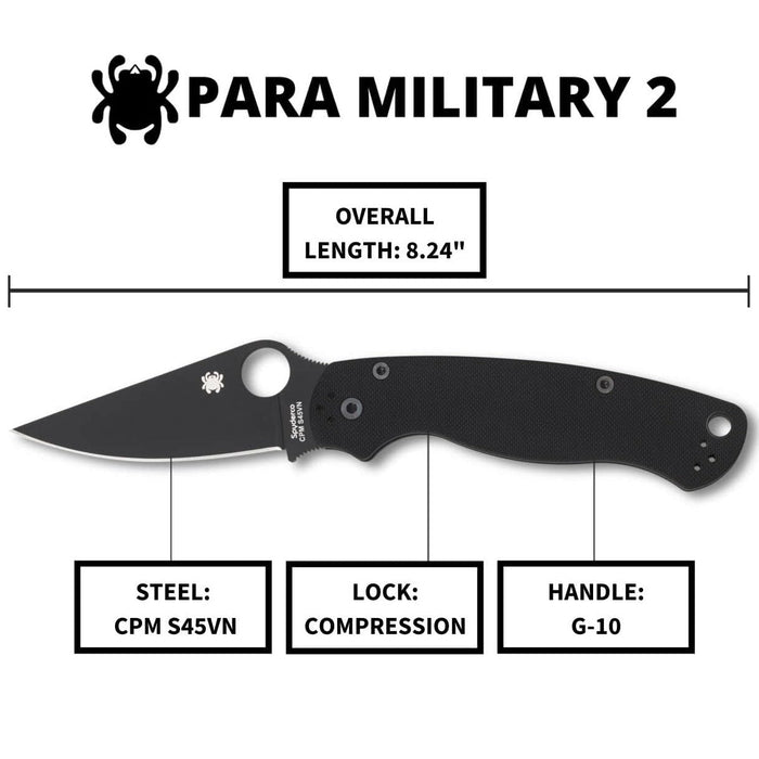 Spyderco Para Military 2 Folding Pocket Knife with 3.42" Black CPM SV45N Steel Blade