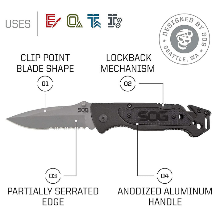 Escape Tactical Folding Pocket Knife with 3.4" Serrated Edge Clip Point Blade