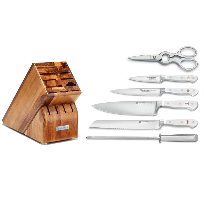 Classic White 7-Piece Knife Block Set with Stainless Steel Knives