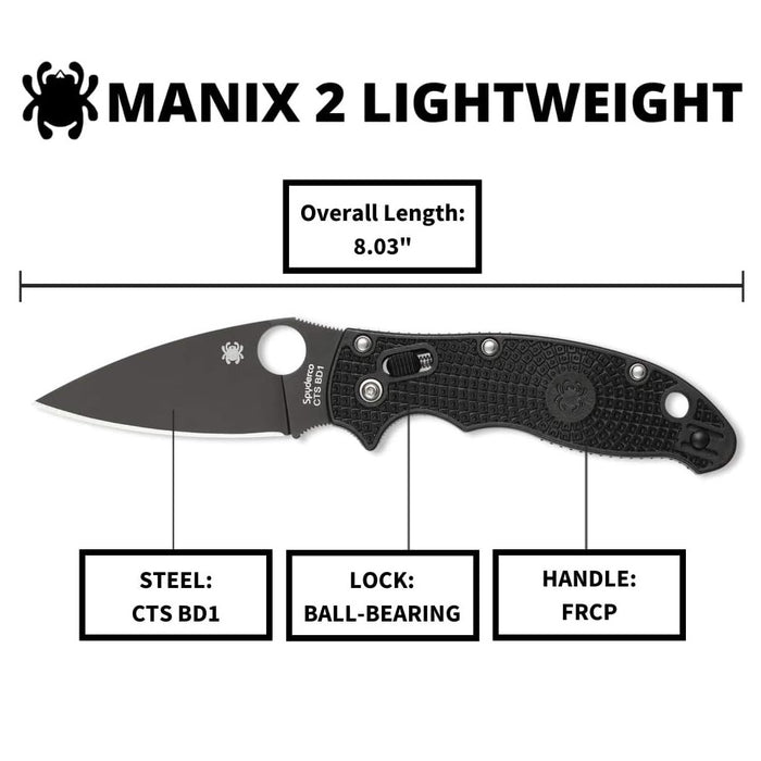 Spyderco Manix 2 Lightweight Folding Knife with 3.37" Black CTS BD1N Blade, Black