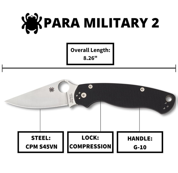 Spyderco Para Military 2 Folding Pocket Knife with 3.45" CPM S45VN Blade, Black