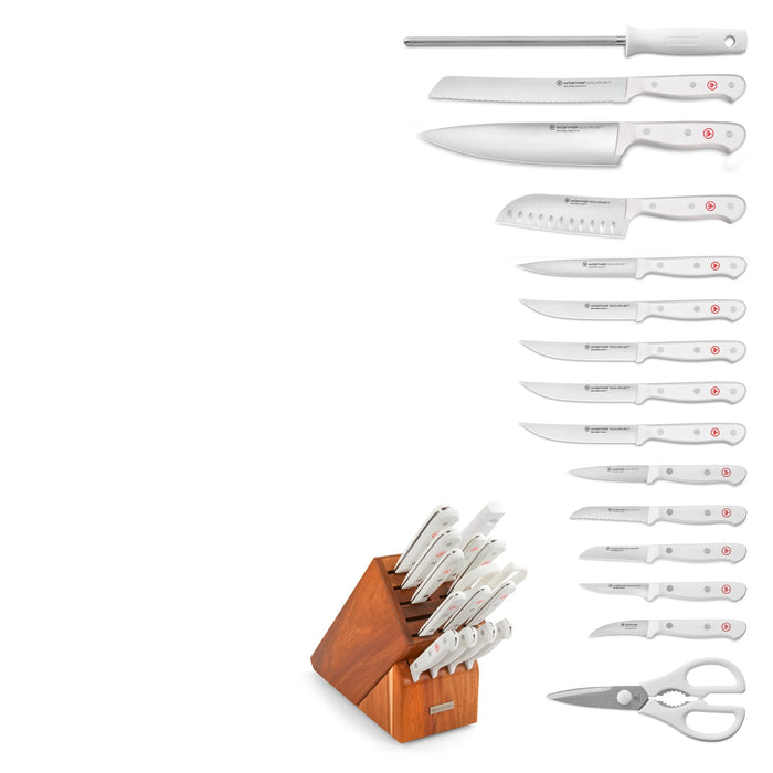 Gourmet White Sixteen Piece Knife Block Set with White Handles