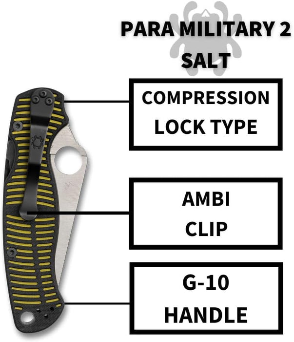 Spyderco Para Military 2 Salt CPM MagnaCut Folding Knife with G-10 Handle, Black/Yellow