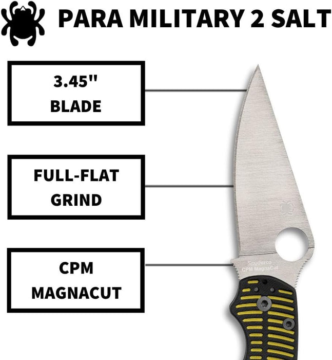 Spyderco Para Military 2 Salt CPM MagnaCut Folding Knife with G-10 Handle, Black/Yellow