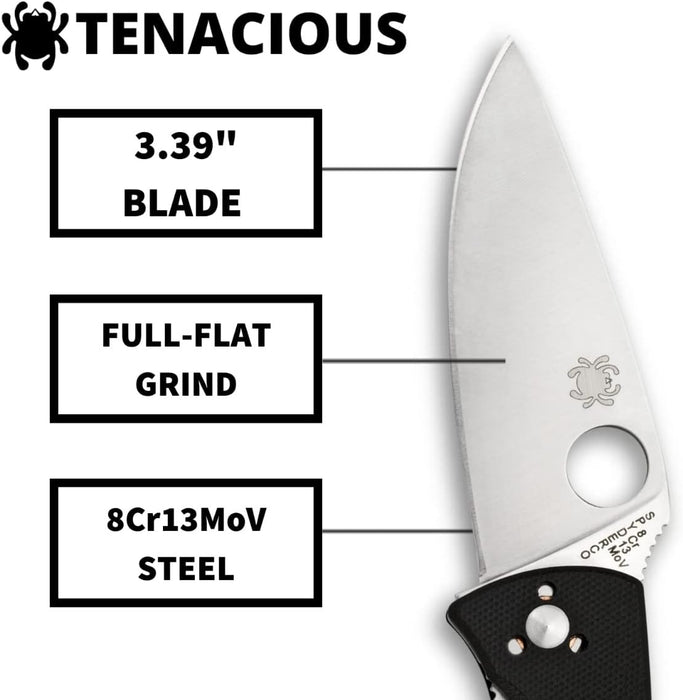 Spyderco Tenacious Folding Pocket Knife with 3.39" Stainless Steel Blade, Black