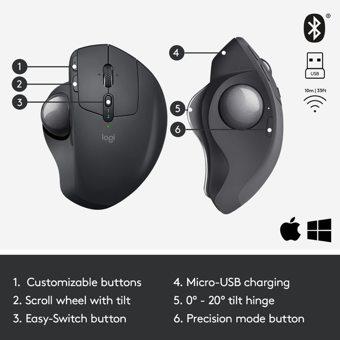 MX ERGO Plus Wireless Trackball Mouse with Extra 10-Degree Wedge and Easy Switch