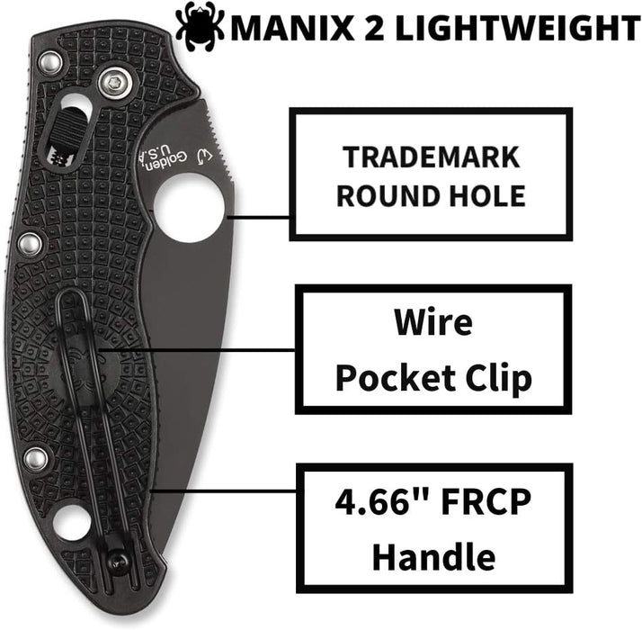Spyderco Manix 2 Lightweight Folding Knife with 3.37" Black CTS BD1N Blade, Black
