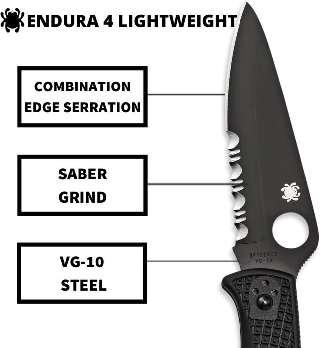 Spyderco Endura 4 Lightweight Pocket Knife Black VG-10 Blade with CombinationEdge