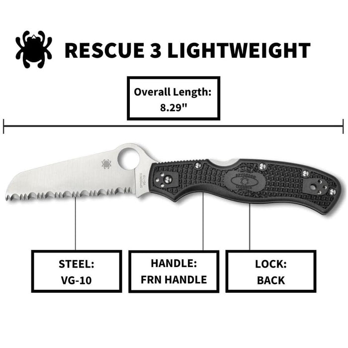 Spyderco Rescue 3 Lightweight Folding Knife with Black FRN Handle and SpyderEdge