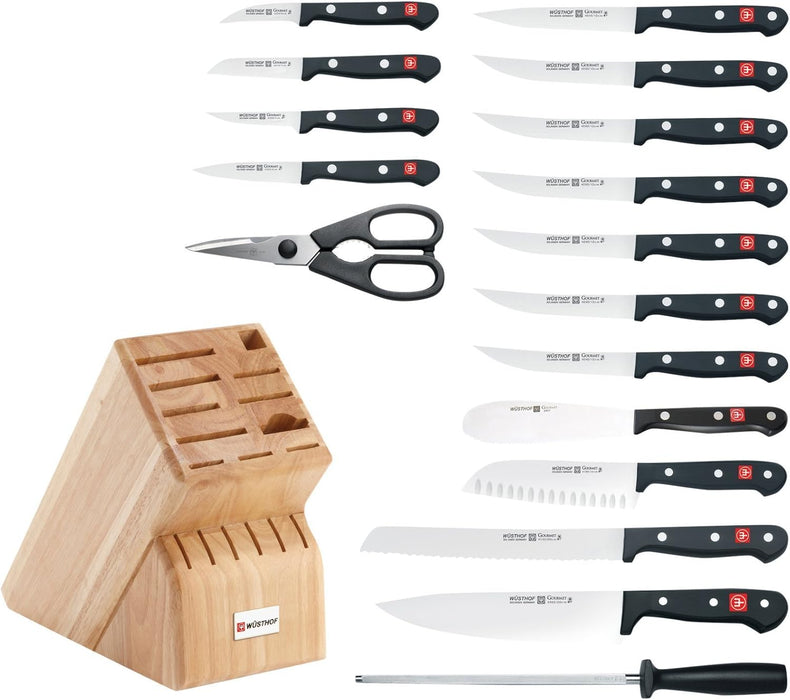 Gourmet 18-Piece Knife Block Set with 17-Slot Acacia Block, Black