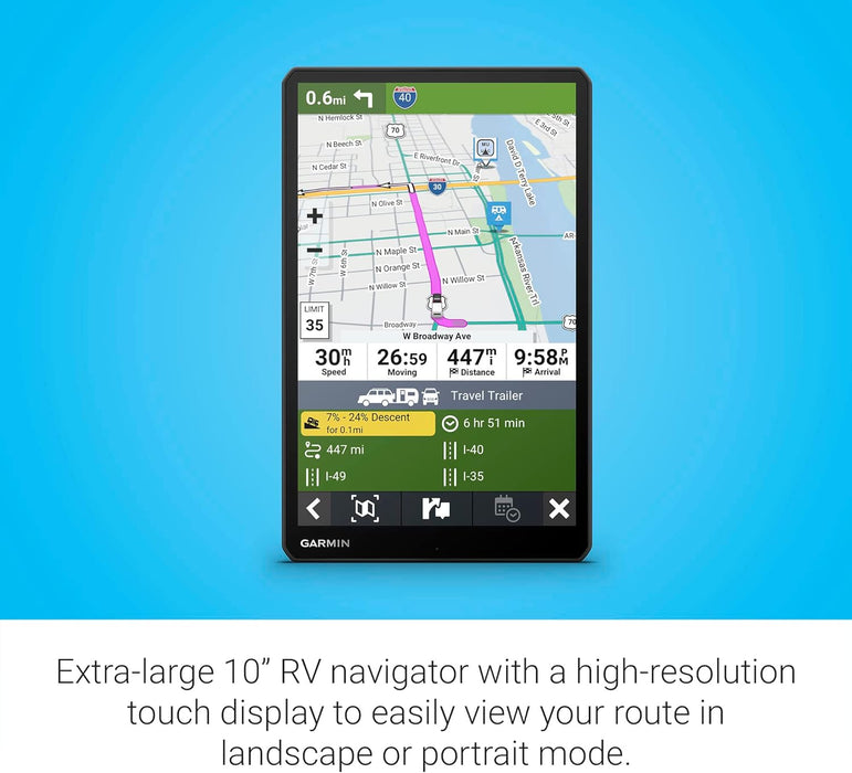 RV 1095 GPS Navigator with 10" Easy to Read Display and Custom RV Routing