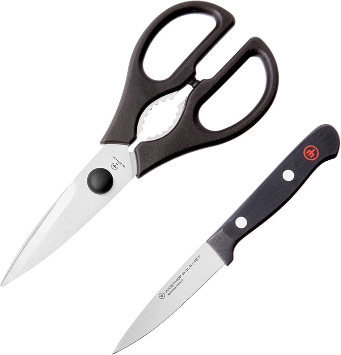 Gourmet Two Piece Paring Knife and Shear Utility Set with Black Handles