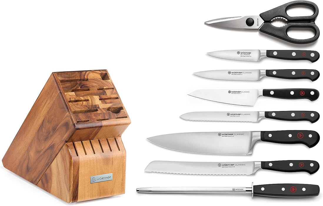 Classic 9-Piece Knife Block Set, Acacia with Stainless Steel Knives, Black