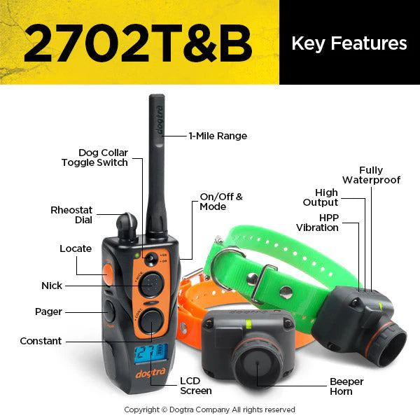 2702T&B 1-Mile Range Training & Beeper Remote 2-Dog E-Collar for Upland Hunting