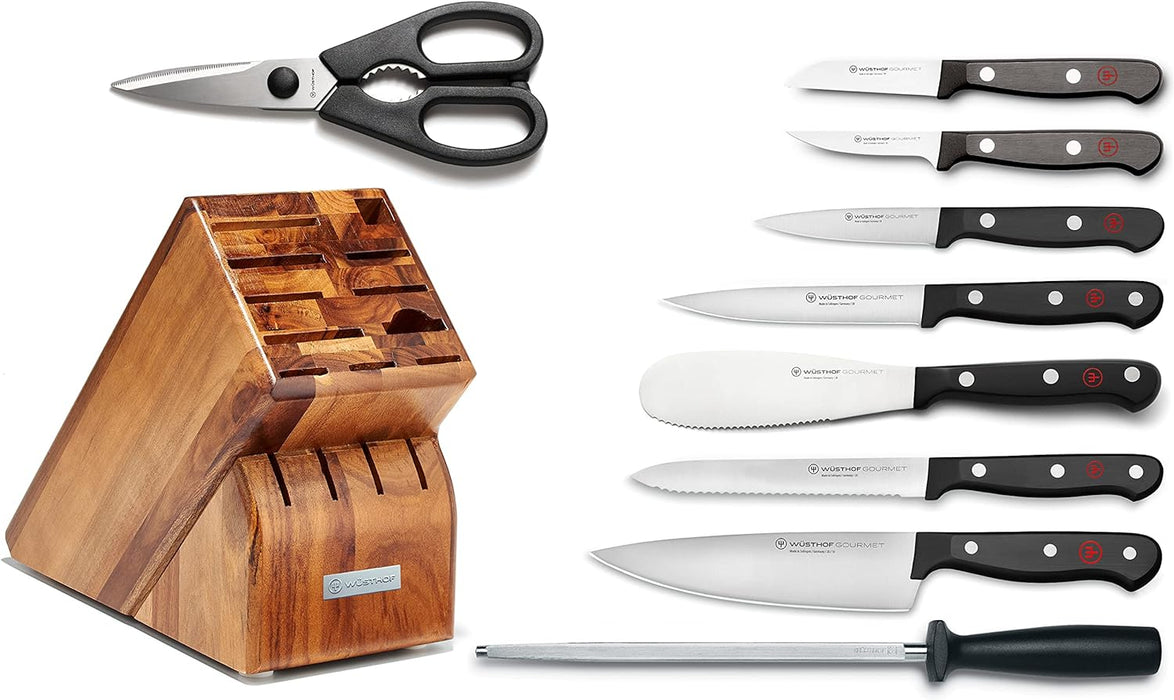 Gourmet 10-Piece Knife Block Set with Acacia Block and Stainless Steel Knives