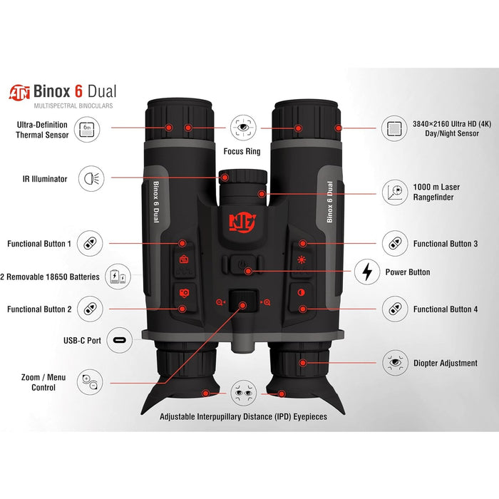 ATN BinoX 6 Dual Multispectral Binoculars with Twilight Vision and Built-in Laser Rangefinder