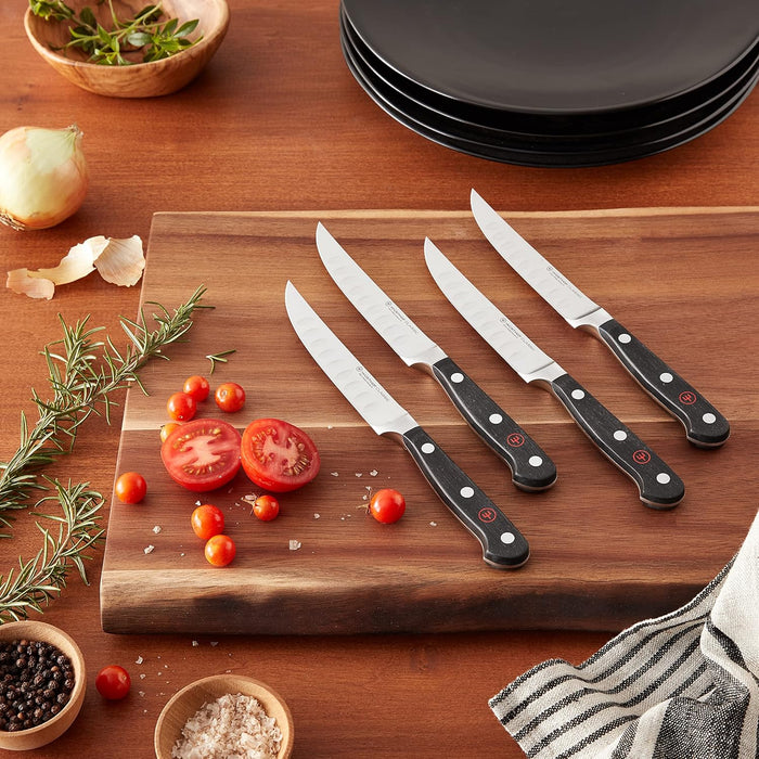 Classic Four Piece Stainless Steel Hollow Edge Steak Knife Set, Black