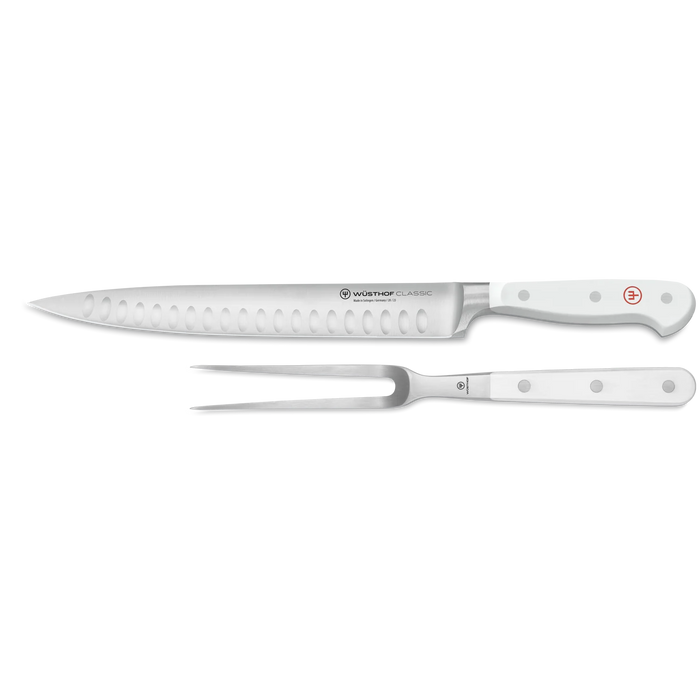 Classic White Two Piece Hollow Edge Carving Set with White Handles