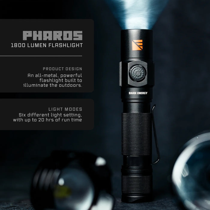 Dark Energy Pharos Rechargeable Flashlight | 1800 Lumens and Four Brightness Modes with Strobe