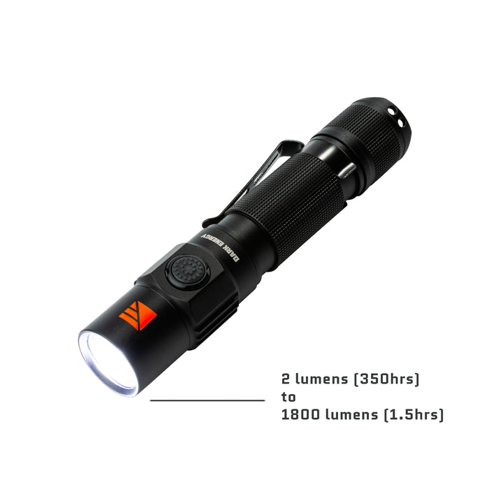 Dark Energy Pharos Rechargeable Flashlight | 1800 Lumens and Four Brightness Modes with Strobe