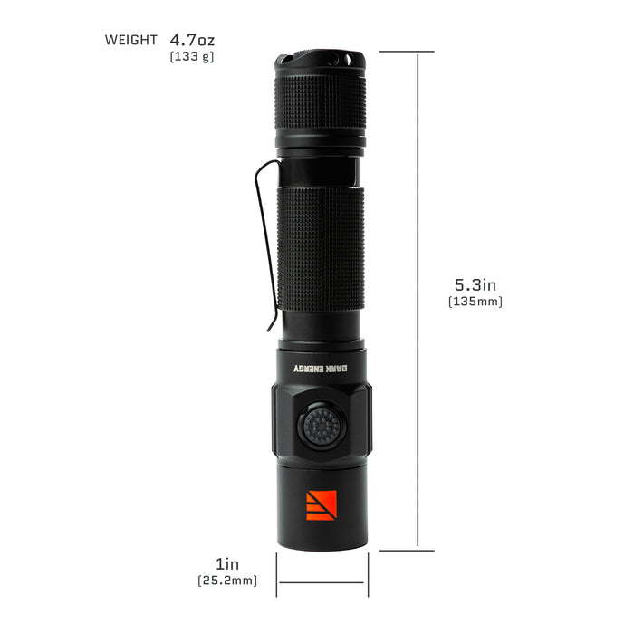 Dark Energy Pharos Rechargeable Flashlight | 1800 Lumens and Four Brightness Modes with Strobe