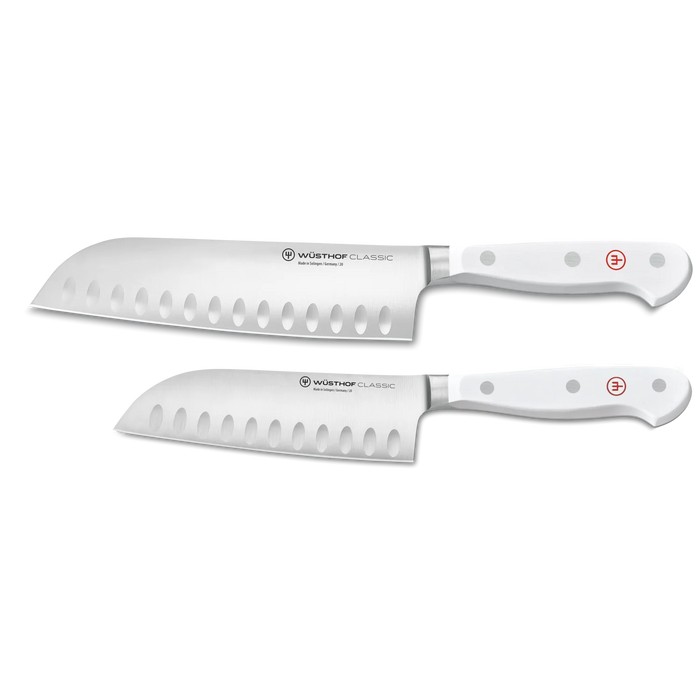 Classic White Two Piece Stainless Steel Santoku Set with White Handles