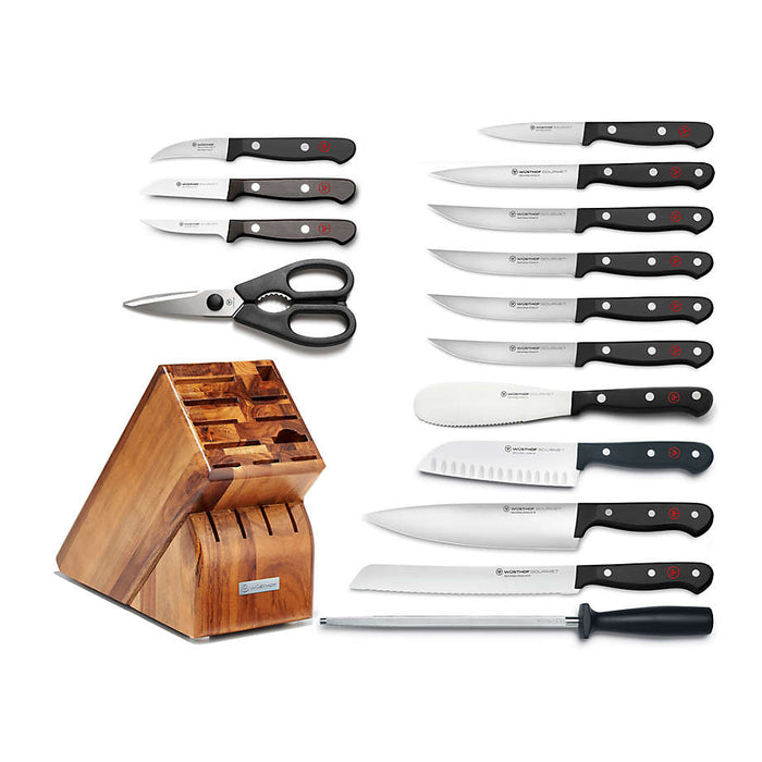 Gourmet 16-Piece Knife Block Set with 15-Slot Acacia Block, Black