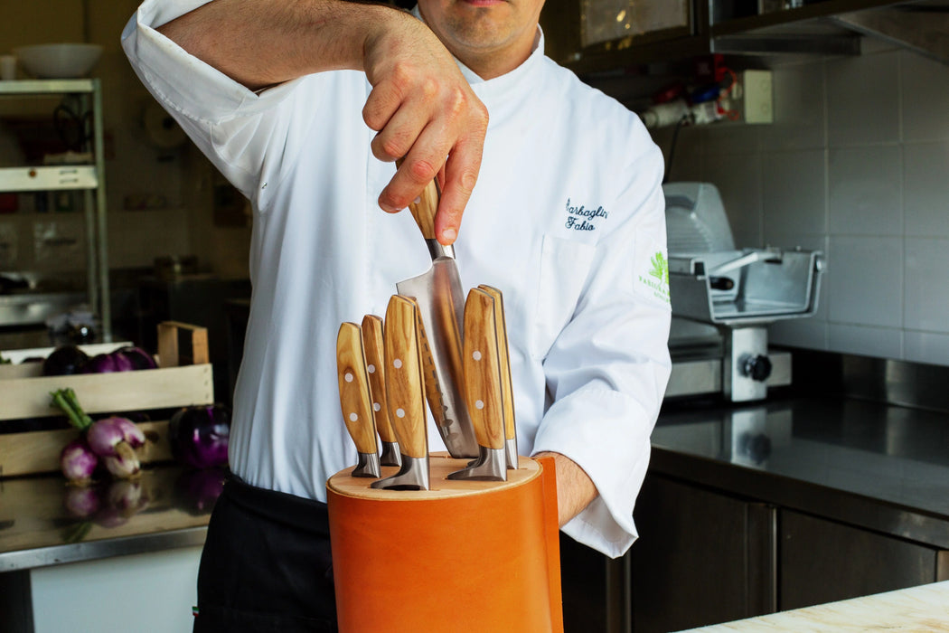 Amici Six Piece Knife Block Set | Stainless Steel Knives with Olive Wood Handles