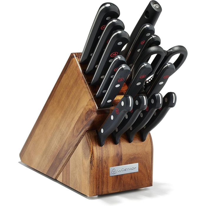 Gourmet 16-Piece Knife Block Set with 15-Slot Acacia Block, Black