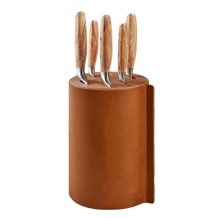 Amici Six Piece Knife Block Set | Stainless Steel Knives with Olive Wood Handles