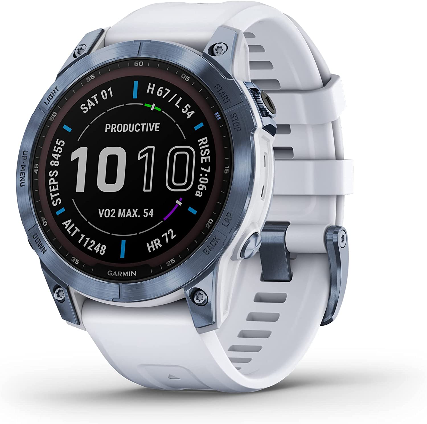 Garmin - Fenix 7 Sapphire Solar Edition, Adventure Bluetooth Touchscreen Smartwatch, Mineral Blue Titanium with Whitestone Band